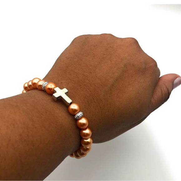 Orange Faux Pearl Side Cross Stretch Bracelet - Picture 2 of 4